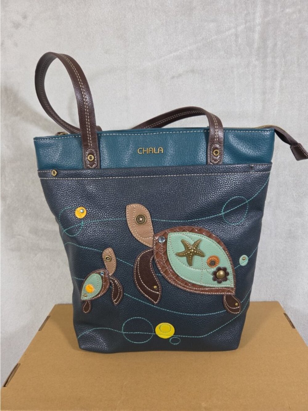 CHALA Work Tote Shoulder Bag Turtle Teal Striped